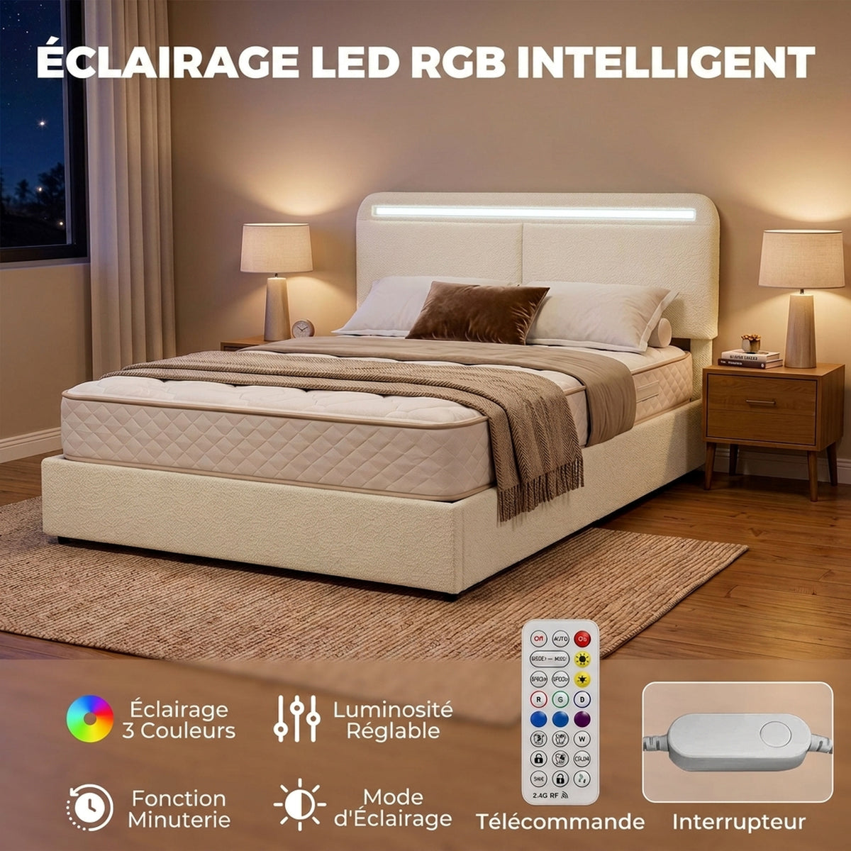 Lit Coffre 140 x 190 cm, LED RGB, Tête Réglable, Cadre de Lit Double Rembourré Velours, Rangement Hydraulique, Crème-4