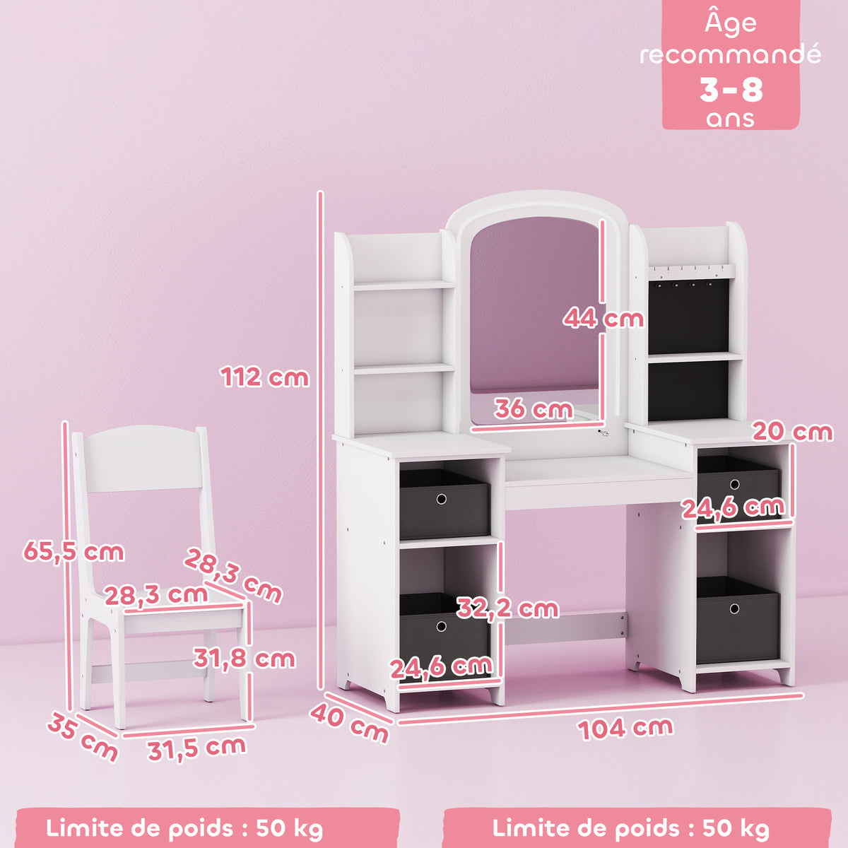 Coiffeuse pour enfants avec tabouret et miroir LED, table de maquillage pour 3 à 8 ans, 104 x 40 x 112 cm, blanc-2
