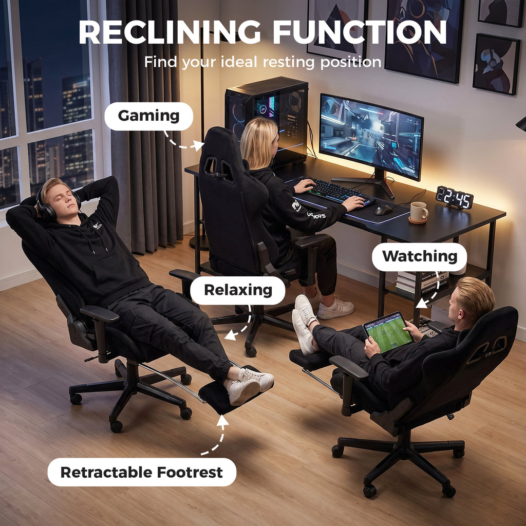 Chaise Gaming Ergonomique Massante et Coussin Lombaire Chauffant, Fauteuil Gaming Inclinable en Lin, Accoudoirs 3D, Noir-7