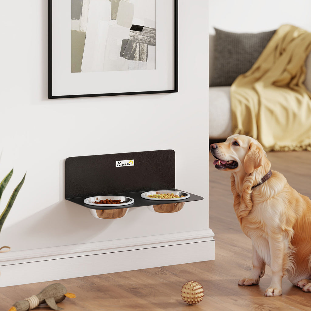 Gamelle Bol pour Chien Double Gamelle Support Mural 2 Bols Acier Inox 800ml Hauteur Réglable 42x23,5x14cm Noir-9