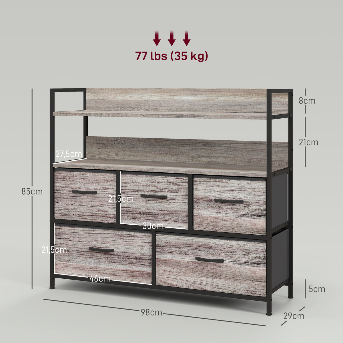 Meuble de rangement style industriel commode 5 tiroirs en tissu pliables et amovibles et étagères - 98l x 29P x 85H cm-2