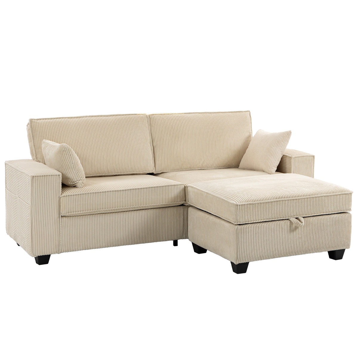 Canapé 3 Places avec Pouf de Rangement, Canapé d'Angle en Velours Côtelé, Assise Large, 2 Coussins, Beige-0
