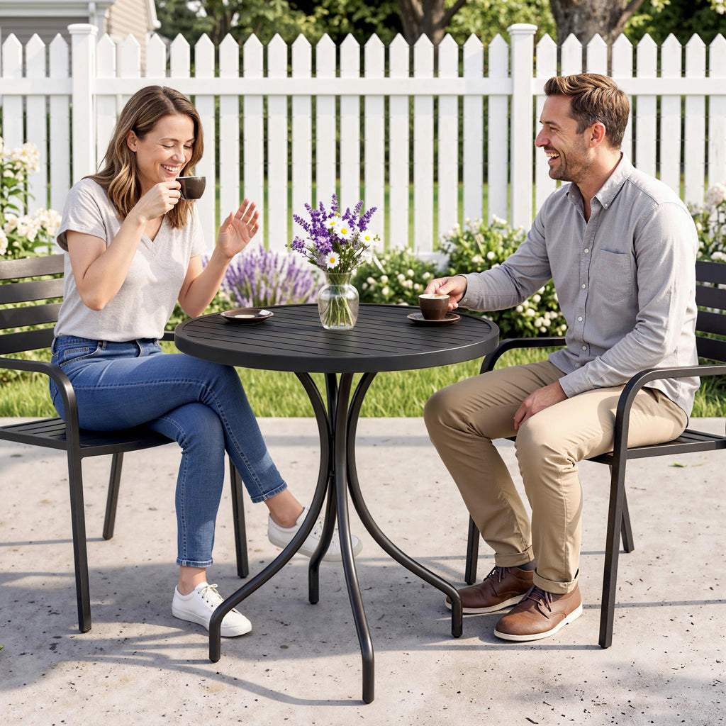 Table de Bistrot Ronde Ø 66 cm en Acier Galvanisé avec Plateau à Lattes pour Terrasse, Balcon, Noir-7