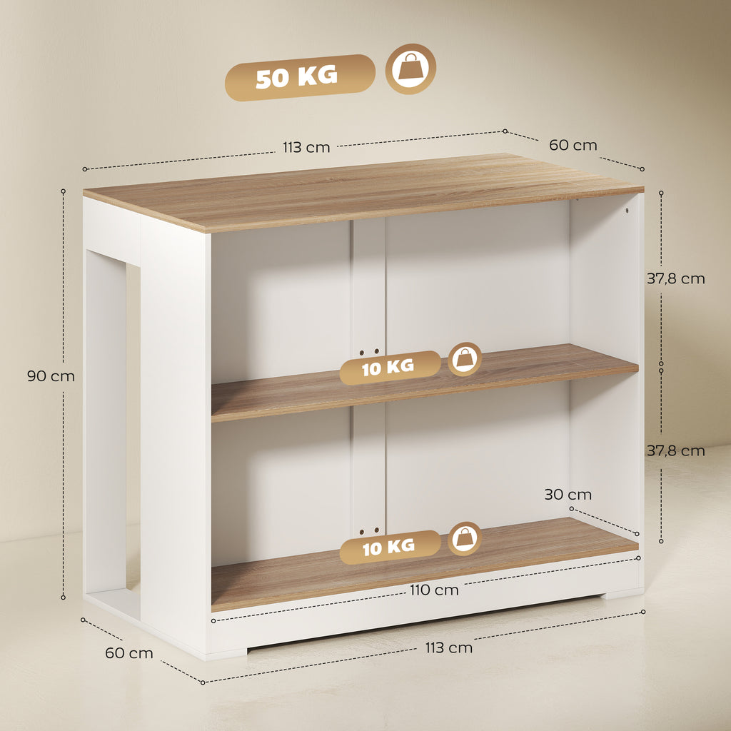 Table de bar, table haute cuisine à 3 niveaux 2 compartiments ouverts, plateau effet bois naturel 113 x 60 x 90 cm blanc-2