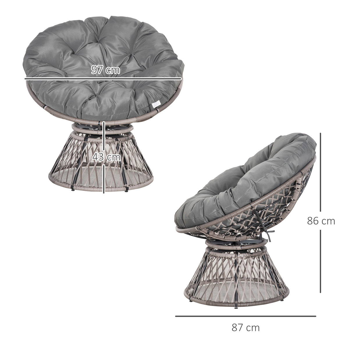 Fauteuil rond de jardin fauteuil papasan pivotant Ø 97 x 86H cm grand coussin fourni polyester résine tressée-2