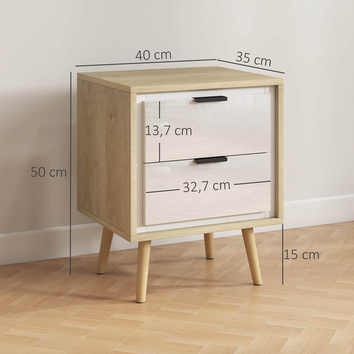 Table de chevet étroite, table d'appoint 2 tiroirs silencieux et pieds en bois massif, 40 x 35 x 50 cm, blanc brillant-2