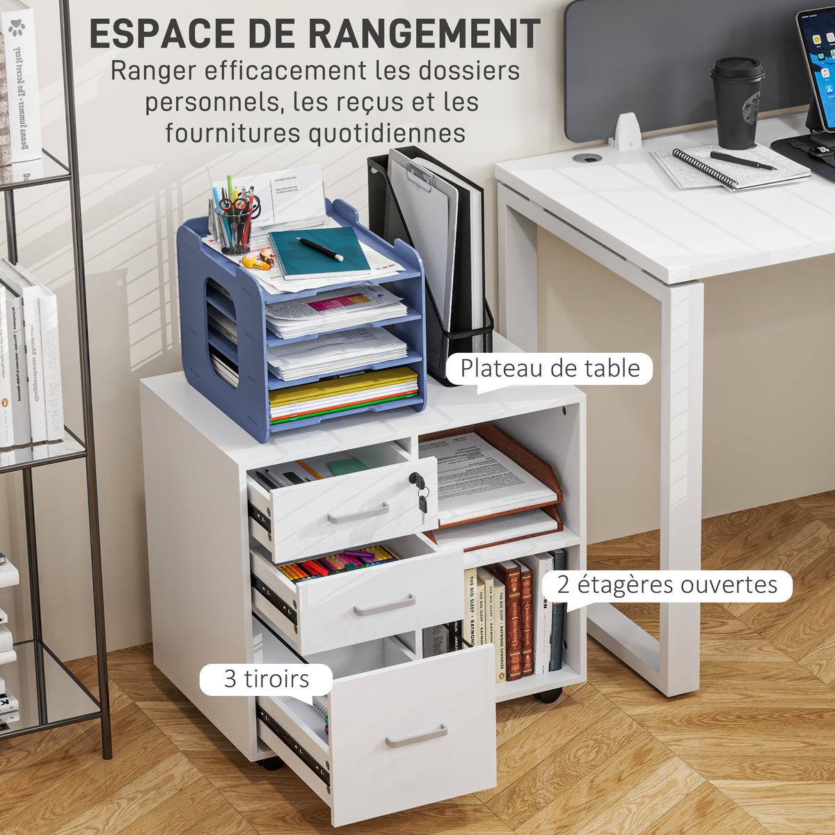 Support d'imprimante à 3 tiroirs verrouillables, meuble de rangement sur roulettes, étagères ouvertes, 60x40x56cm, blanc-3