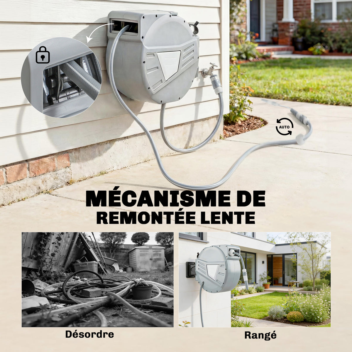 Enrouleur Tuyau Arrosage Mural 30+2 m x Ø 15mm, Dévidoir de Tuyaux d'Eau Rétractable Automatique Pivotant à 180°, Gris-4