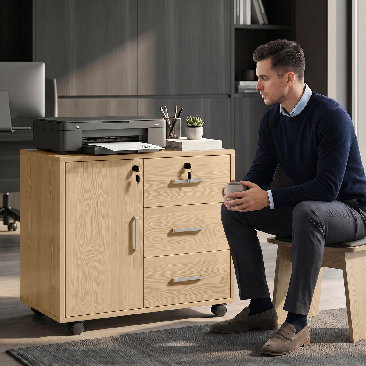 Caisson bureau meuble de rangement verrouillable avec 3 tiroirs et étagère réglable, roulettes, 40 x 60 x 56 cm, marron clair-8