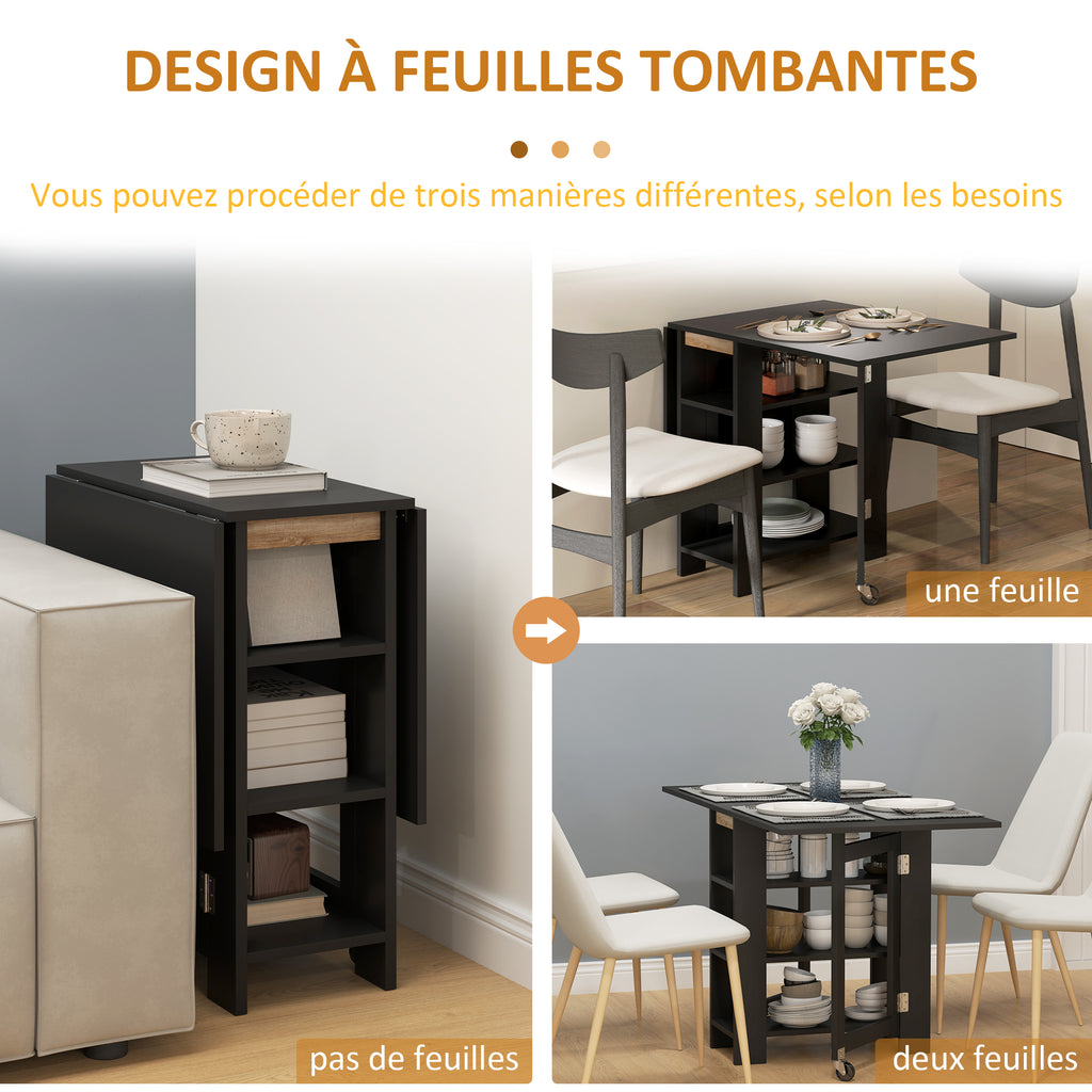 Table à Manger Pliante sur Roulettes, Table de Cuisine pour 2 à 4 Personnes avec Étagères de Rangement, Noir-4