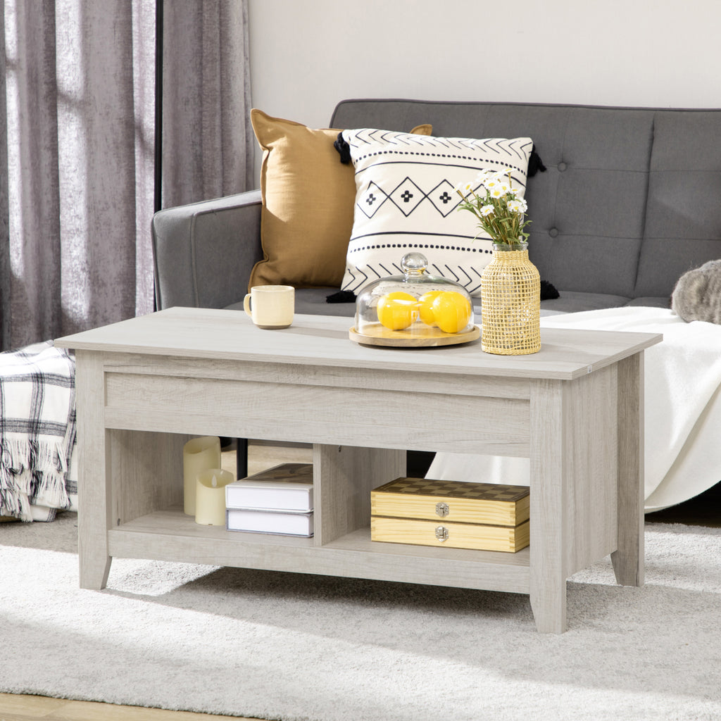 Table basse plateau relevable, table de salon avec étagères et compartiment caché,105 x 50 x 49-62,5 cm pour salon, chambre, aspect chêne clair-6