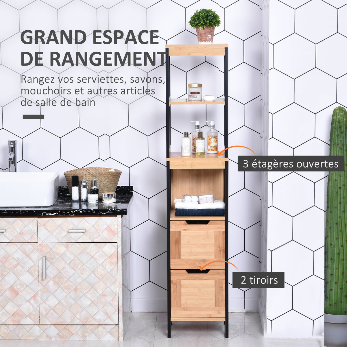 Meuble Colonne Rangement Salle de Bain Style Cosy dim. 30L x 30l x 144H cm 3 étagères 2 tiroirs Bambou Noir-3