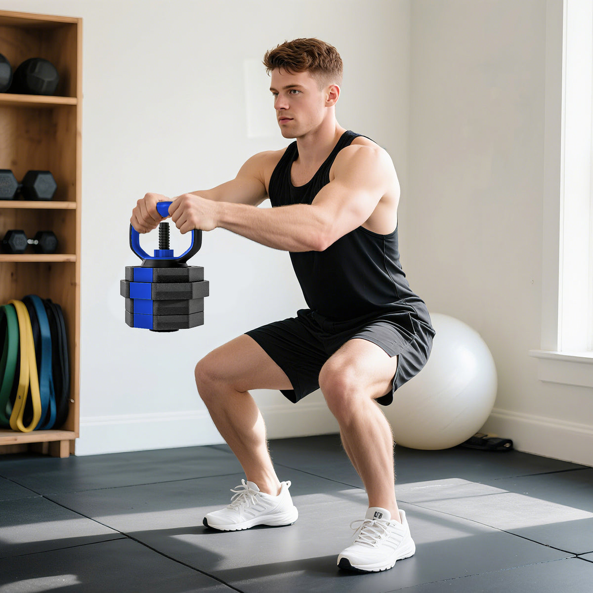 Ensemble d'haltères musculation 6-en-1 haltère réglable 20 kg kettlebell, barre de musculation support pour pompes bleu-8