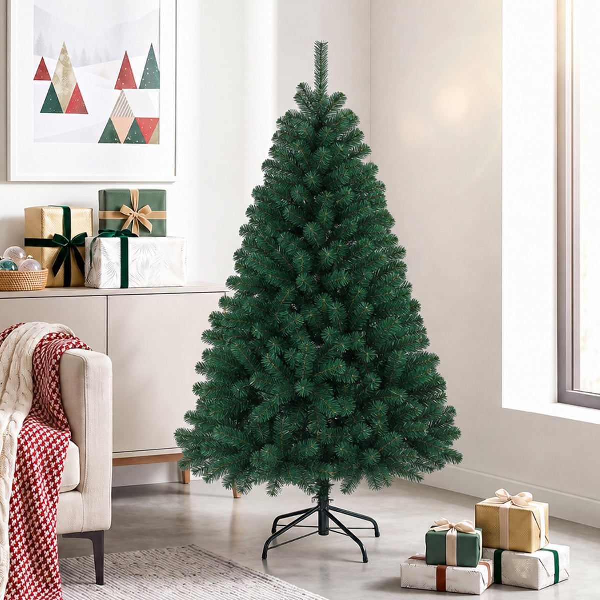 Sapin de Noël Artificiel 150 cm, Arbre de Noël avec 420 Pointes de Branches Articulées, Support Pliable en Acier, Vert-1