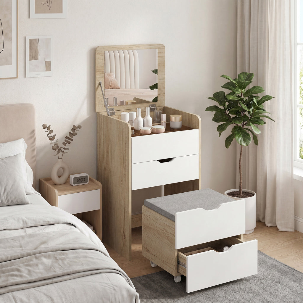 Coiffeuse avec miroir rabattable et tabouret de rangement, table de maquillage, 2 tiroirs, siège rembourré, chêne blanc-8
