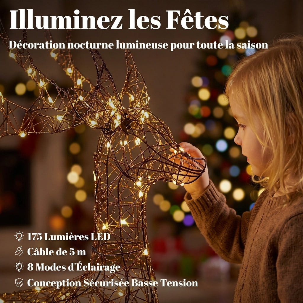 Renne de Noël avec Traîneau Lumineux 2 Pièces en Rotin PP, 175 LED Blanc Chaud, 8 Modes, Minuterie, 82x32x120cm, Marron-4
