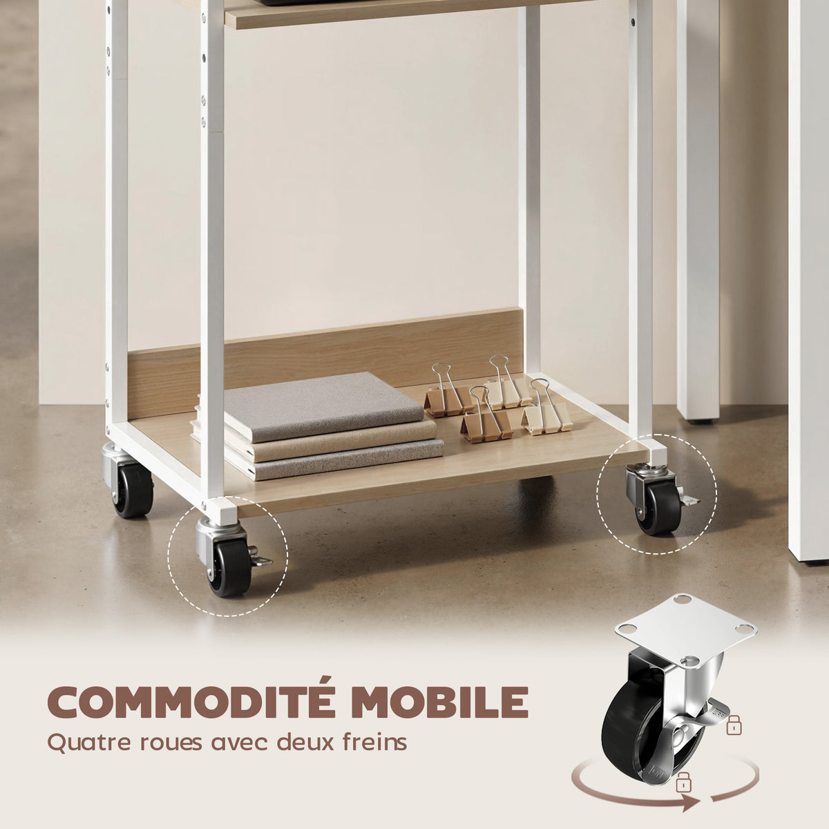 Support pour Imprimante à 3 Niveaux avec Roulettes et Crochets, Étagère de Rangement pour Bureau, Salon, Bois Naturel-4
