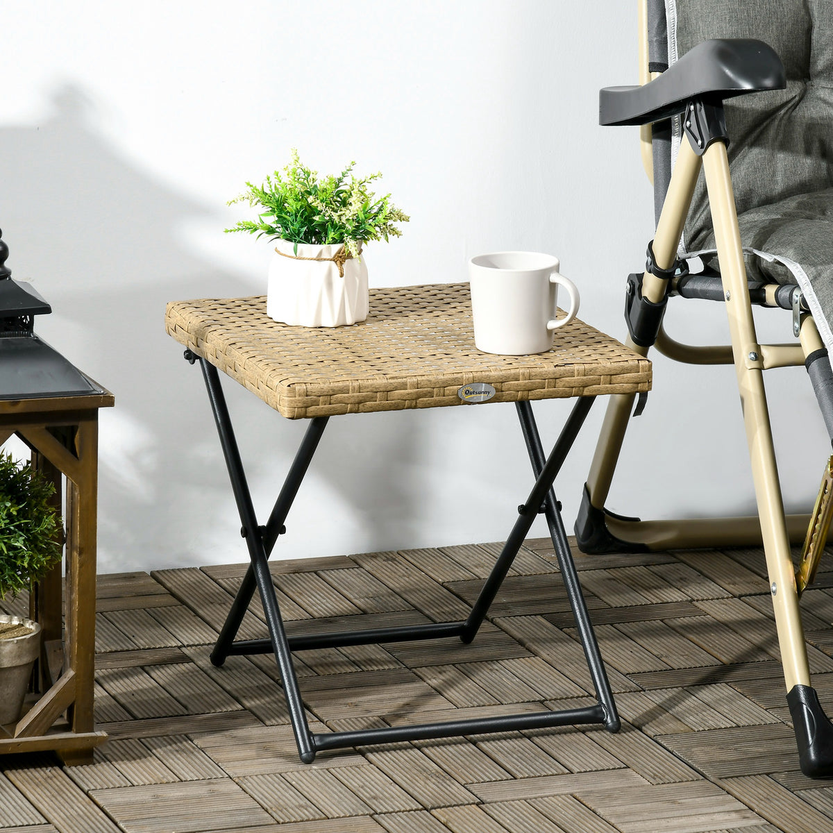 Table basse pliable de jardin style cosy chic dim. 40L x 40l x 40H cm métal époxy résine tressée bois naturel-9
