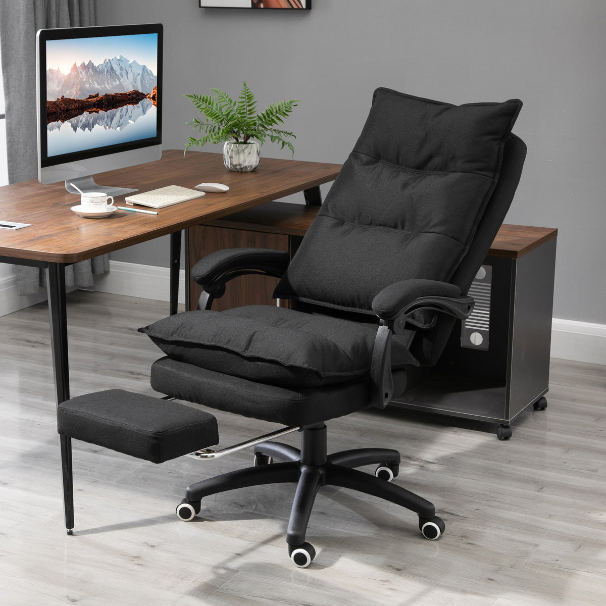 Fauteuil de bureau massant, chaise de bureau, chaise ergonomique avec hauteur réglable, dossier inclinable, repose-pied intégré et télécommande filaire, pivotant à 360°, toile de lin noir-1