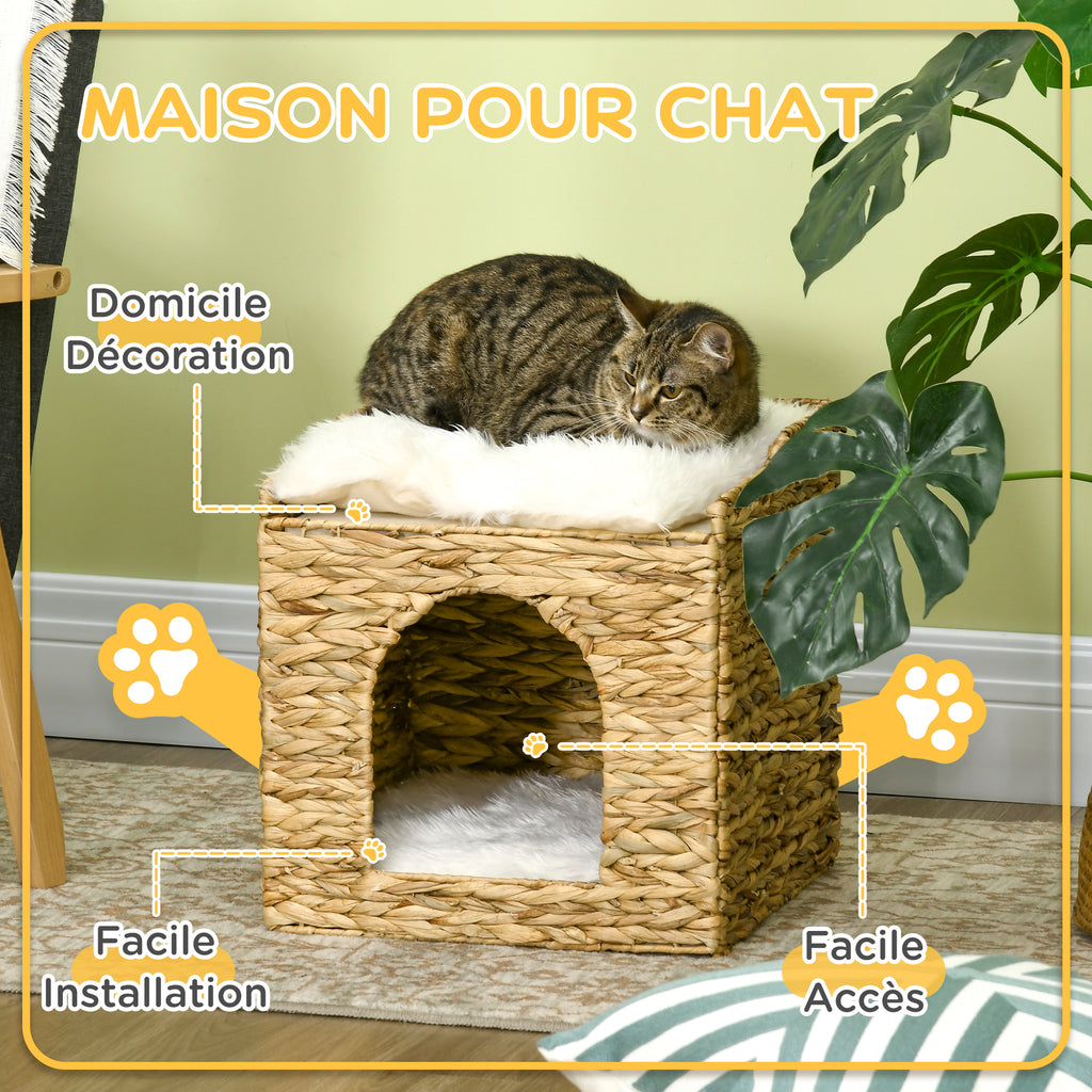 Niche pour chat 2 niveaux avec 2 coussins en jacinthe d'eau - 37,5 x 37,5 x 41,5 cm marron crème-6