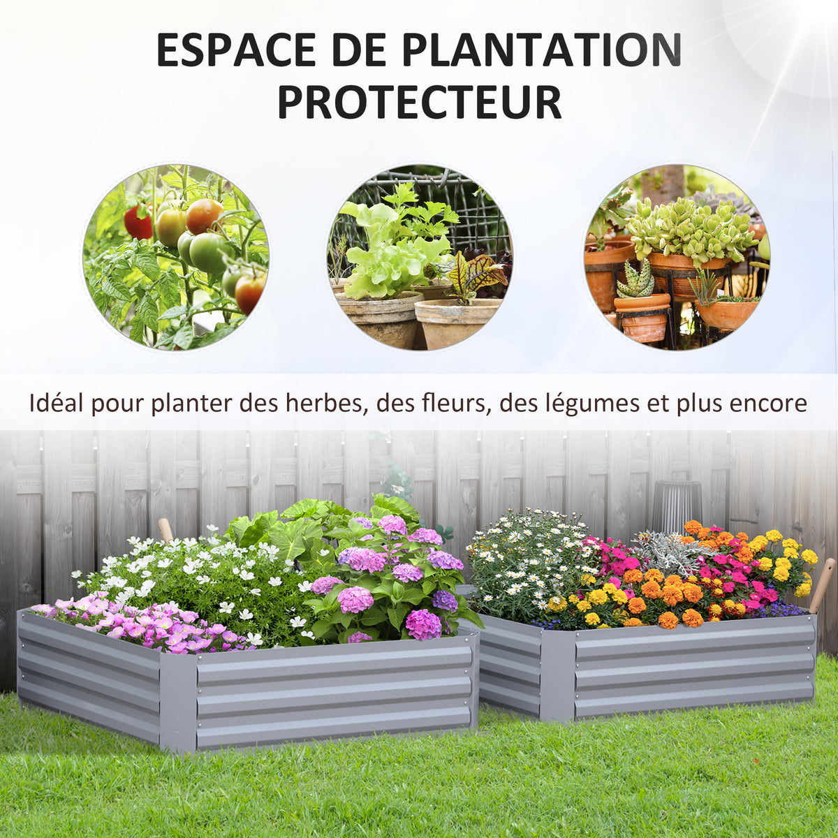 Lot de 2 carré potager de jardin dim. 100L x 100l x 30H cm - tôle d'acier ondulée gris-3