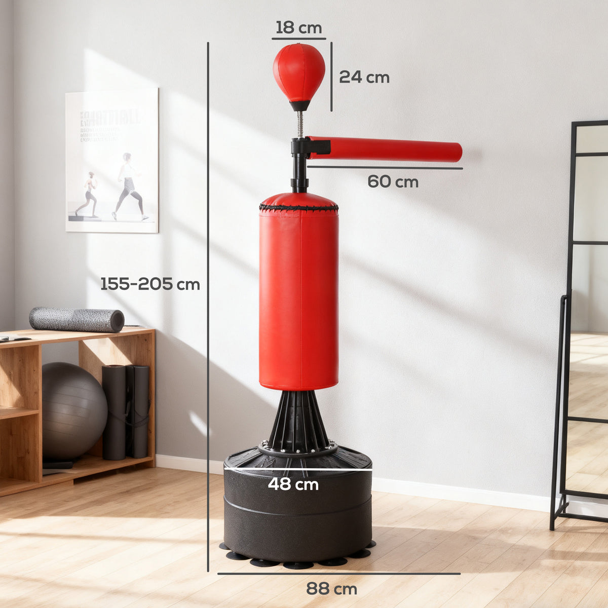 Sac de frappe sur pieds punching ball brunier 3 en 1 avec ballon de vitesse bras flexible rotatif hauteur réglable revêtement synthétique base HDPE dim. 88L x 48l x 155-205H cm noir rouge-2
