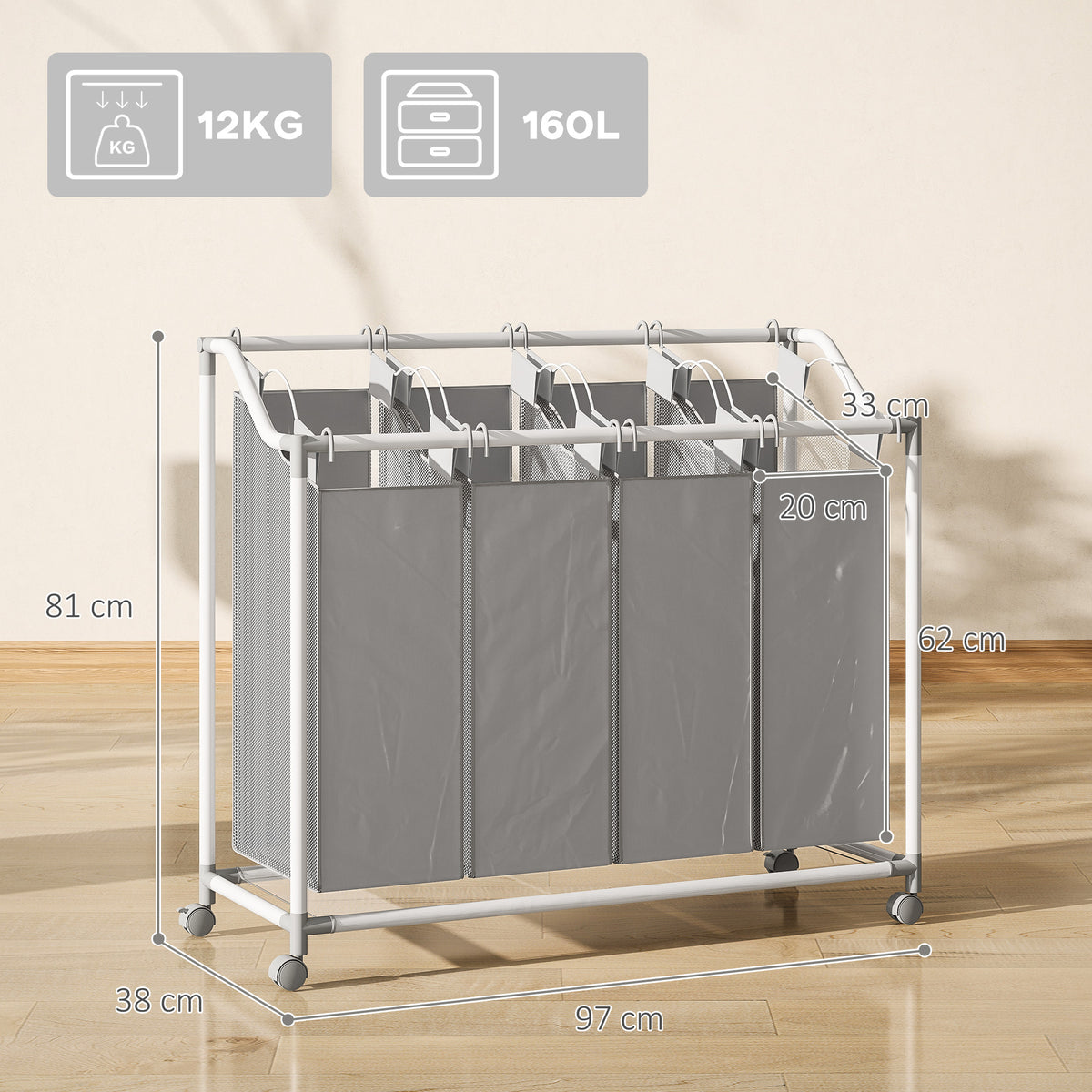 Panier à linge mobile, chariot linge sale, corbeille à roulettes avec 4 sacs amovibles, 4 x 40L, 97 x 38 x 81 cm, gris-2