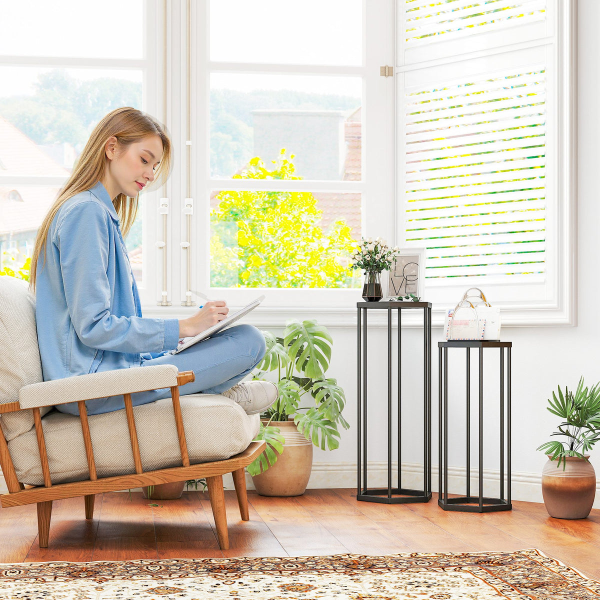Lot de 2 supports pour plantes, tabouret à fleurs hexagonal en métal, intérieur et extérieur, noir-7