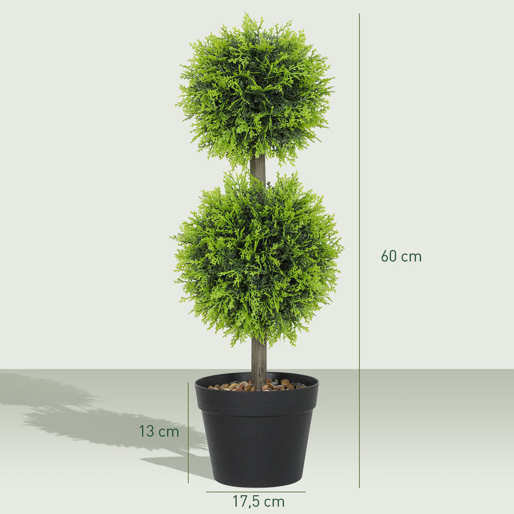Lot de 2 plantes artificielles décoratives, boules de buis artificiel 60 cm avec pot, plastique, vert-2