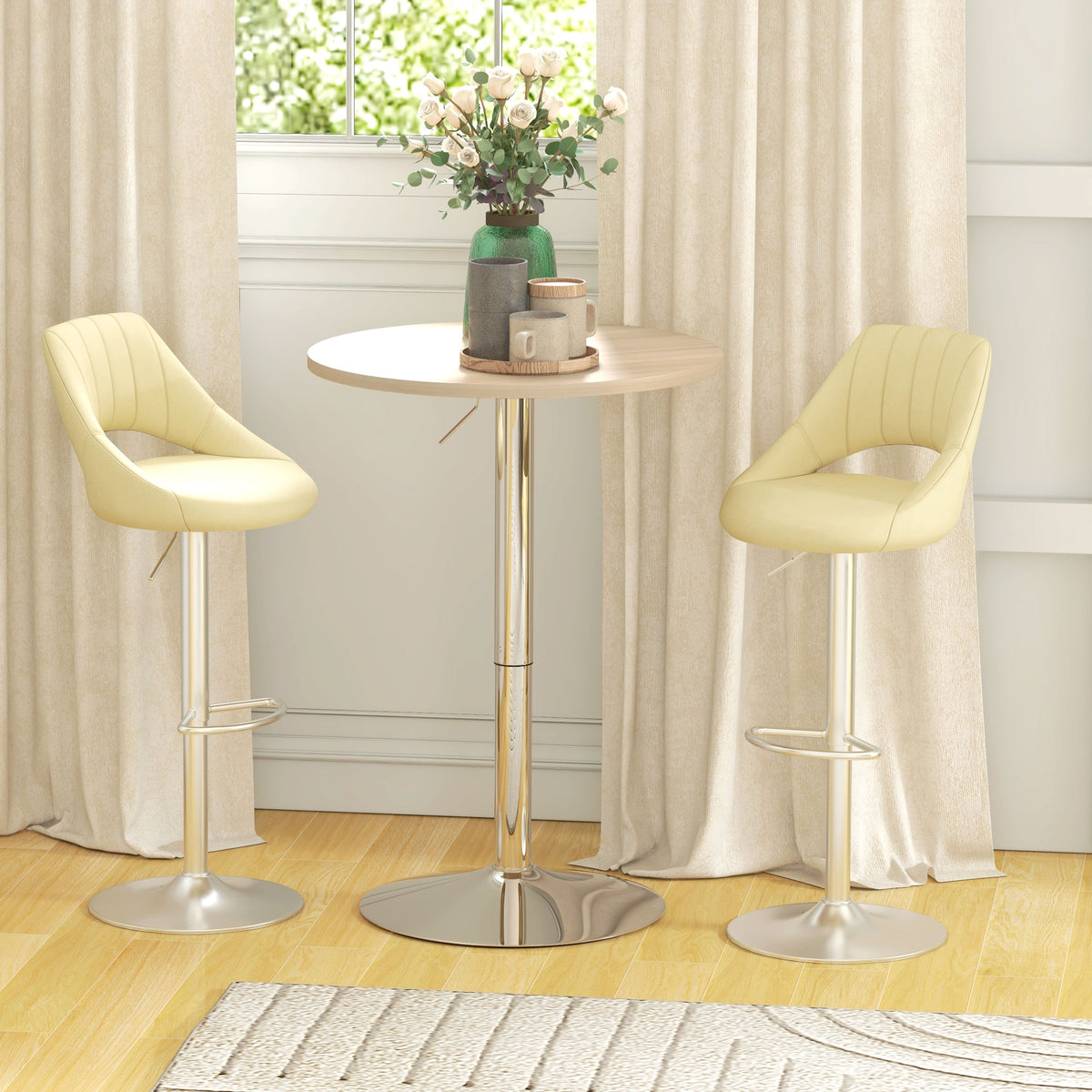 Table de bar ronde table haute cuisine réglable en hauteur 69-91 cm plateau pivotante à 360° naturel et gris-9