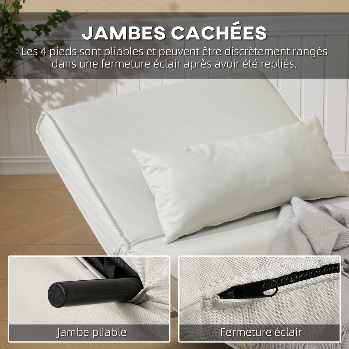 Canapé-lit 1 place avec dossier réglable, coussin inclus et pieds pliables charge 120 kg blanc-5