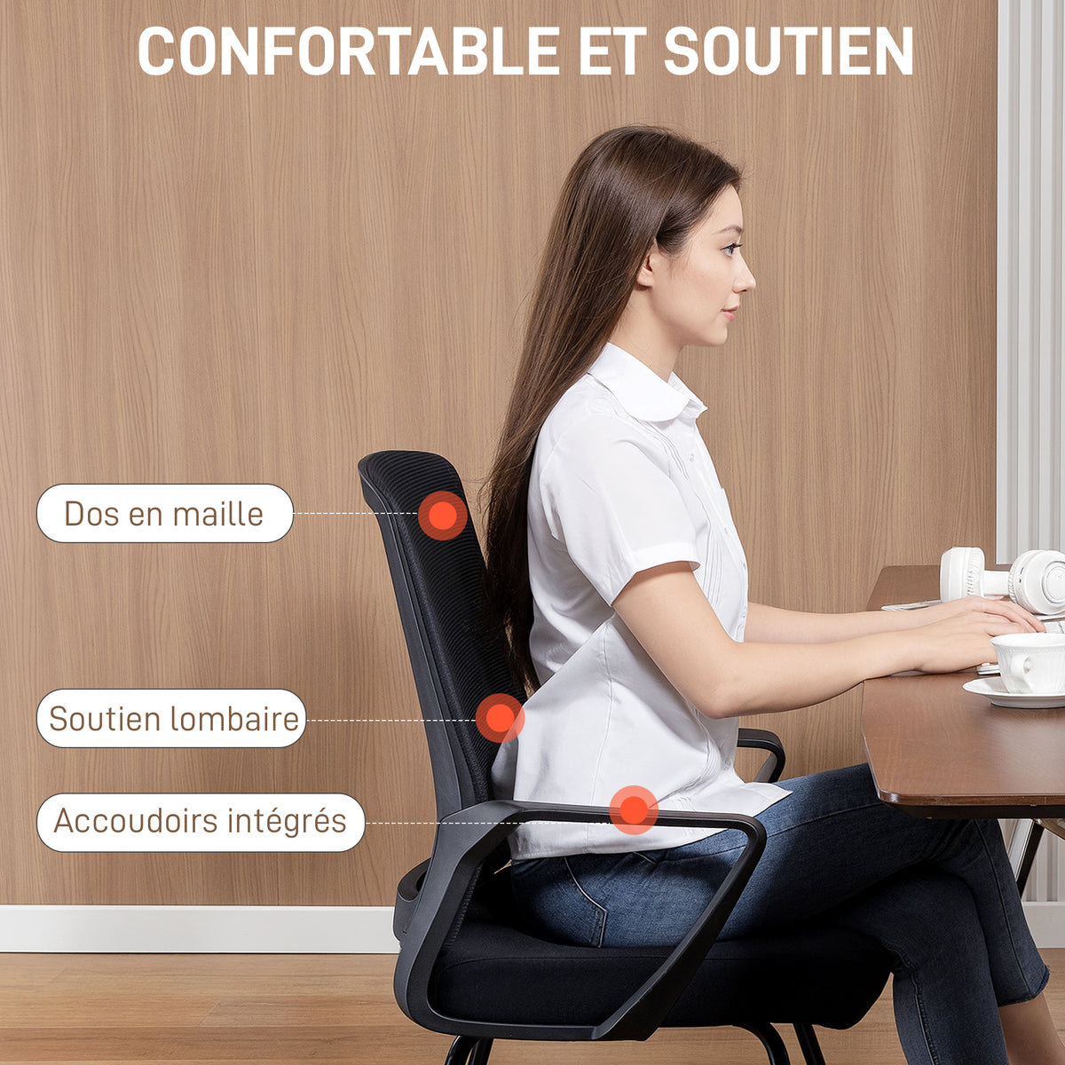 Chaise de bureau ergonomique sans roulettes, chaise de conférence avec dossier en maille, soutien lombaire, noir-3