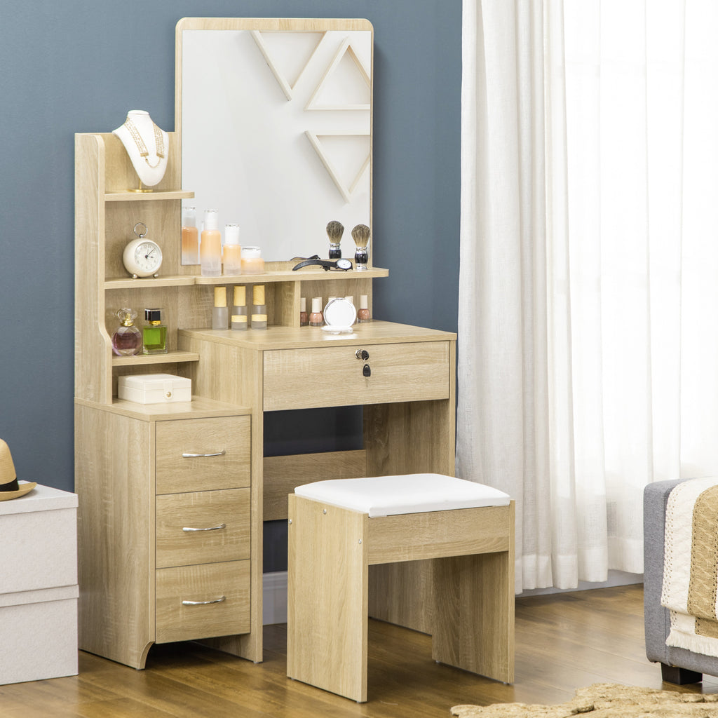 Ensemble de coiffeuse table de maquillage avec tabouret rembourré grand miroir + plusieurs étagères ouvertes + 4 tiroirs bois naturel-9