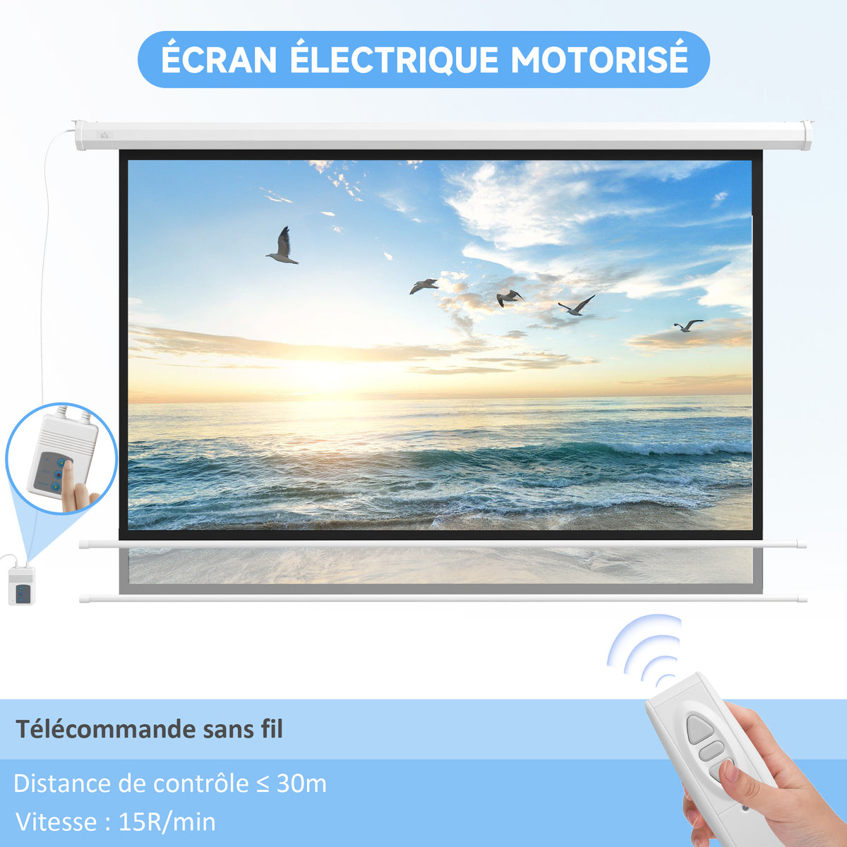 Écran de projection motorisé 120 pouces, 16:9 4K HD, fixation mural ou plafond avec télécommande, 293,5L x 8l x 176H cm-3