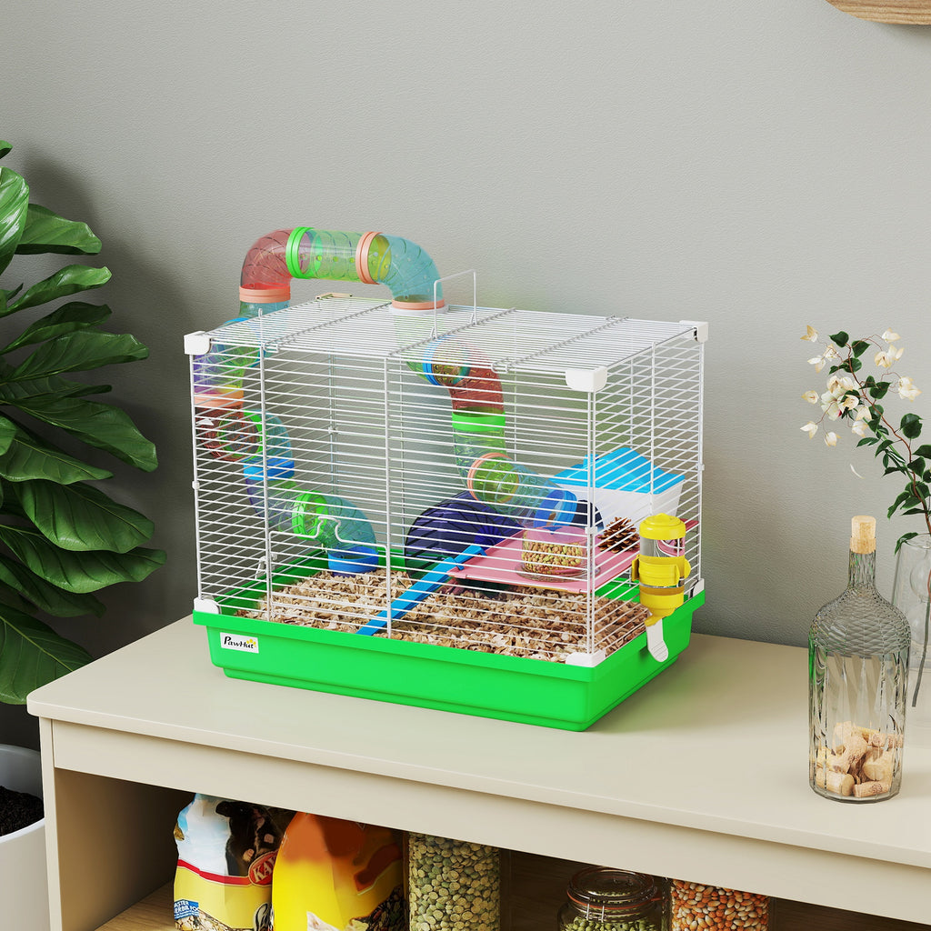 Cage à hamster rongeur 2 niveaux avec tunnel, biberon eau, roue, maisonnette, échelles 46 x 30 x 37 cm vert-1