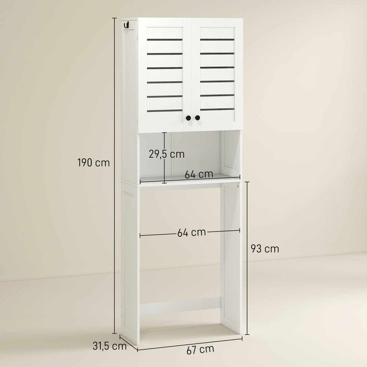 Meuble WC dessus de toilette/machine à laver avec placard à porte double, portes à persiennes, 67x31,5x190cm, blanc-2