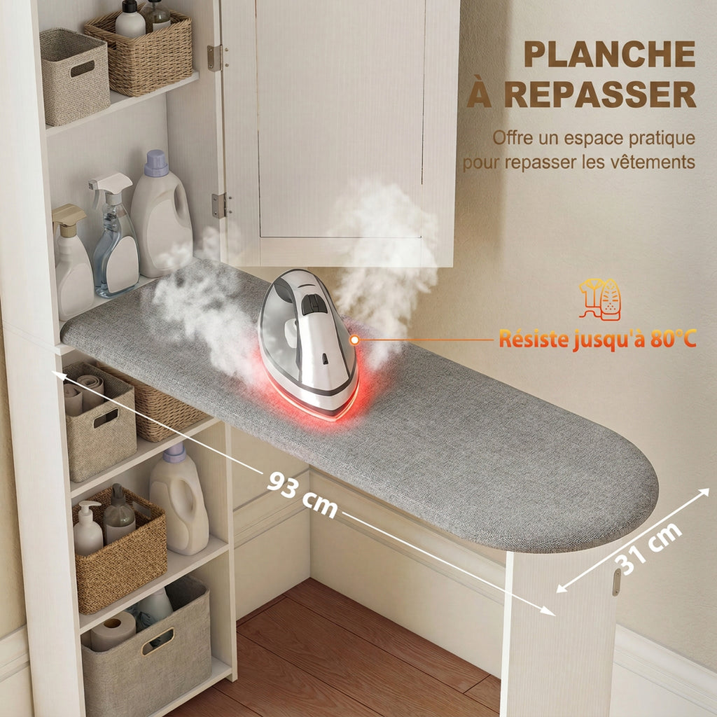 Armoire de Planche à Repasser Pliable avec Miroir, Armoire de Rangement avec 6 Compartiments, 2 Crochets, Blanc-4