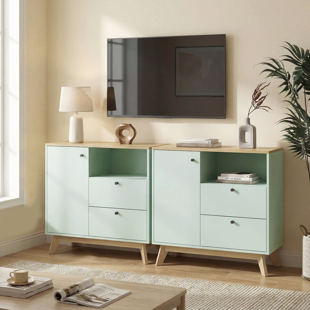 Buffet salon, meuble de rangement avec porte, 2 tiroirs, compartiment ouvert et étagère réglable, vert clair et chêne-8