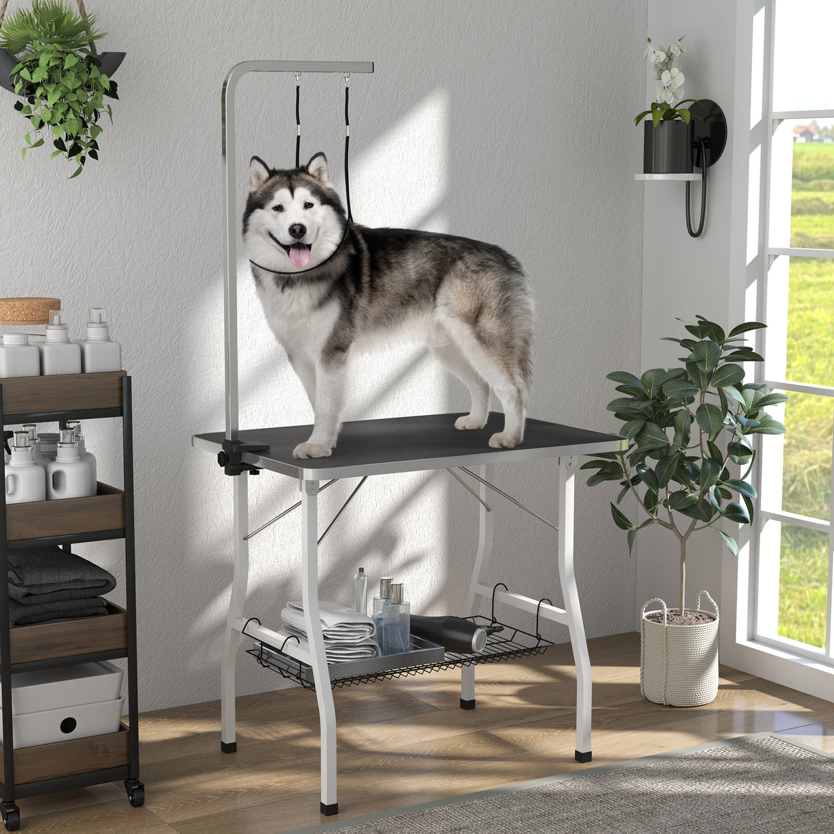 Table de toilettage pour chien pliante plateau antidérapant en caoutchouc avec 2 sangles 90 x 60 x 76 cm noir-9