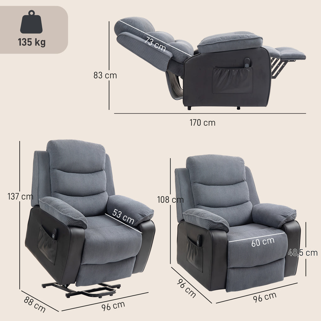 Fauteuil releveur électrique, fauteuil relax électrique velours côtelé, dossier inclinable, ports USB, 96x96x108cm, gris-2
