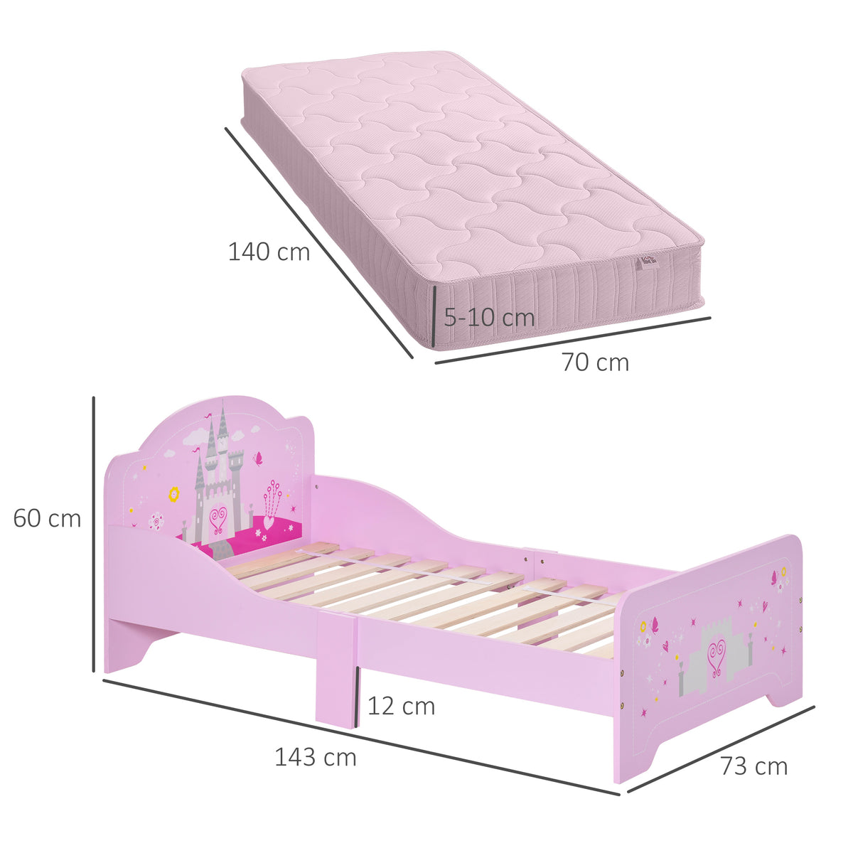 Lit Enfant 140 x 70 cm - lit d'enfant Design Princesse Motif château - sommier à Lattes Inclus - MDF Contre-plaqué Rose-2