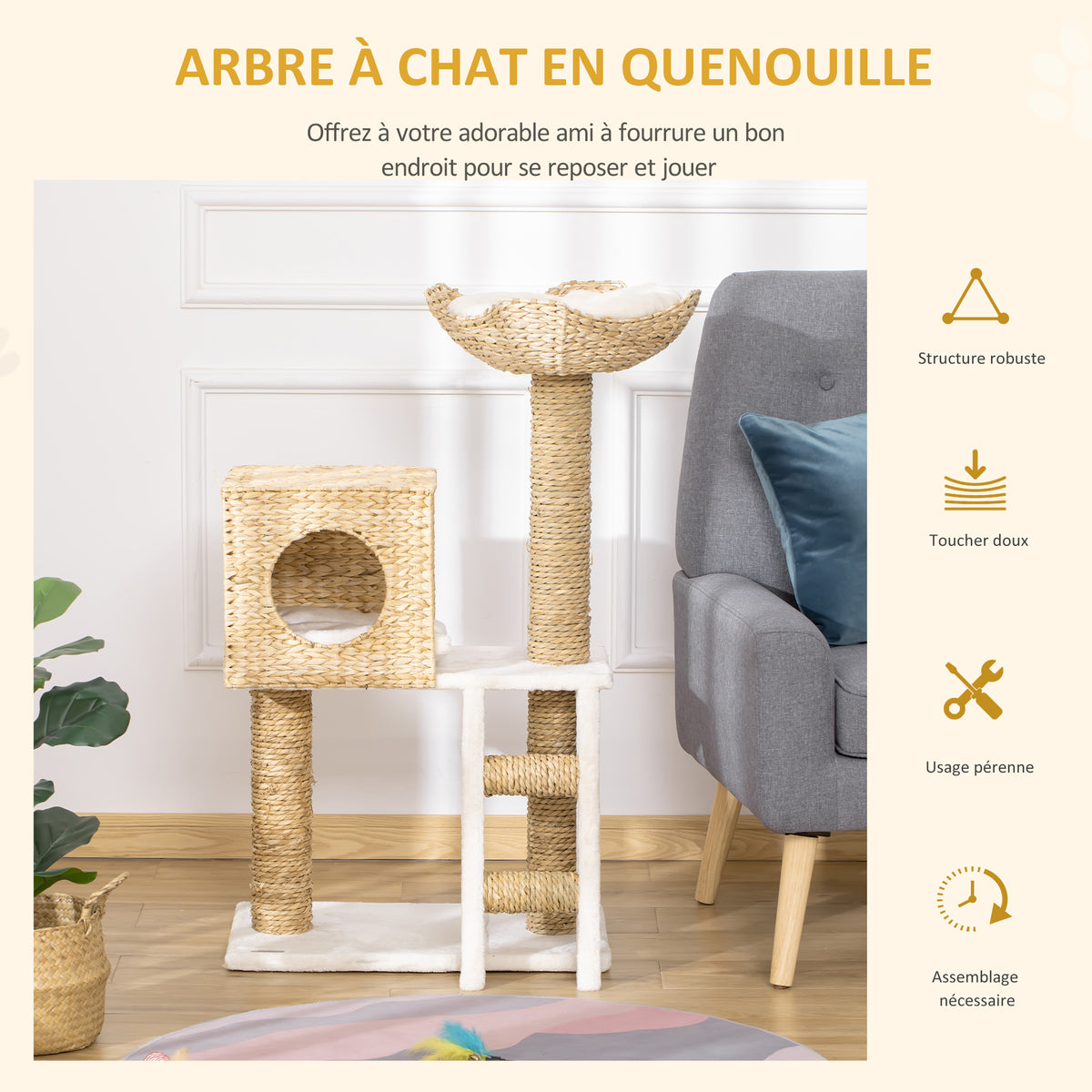 Arbre à chat arbre à grimper griffoir pour chat hauteur 100,5 cm avec coussins et échelle centre d'activités poteaux en quenouille-3