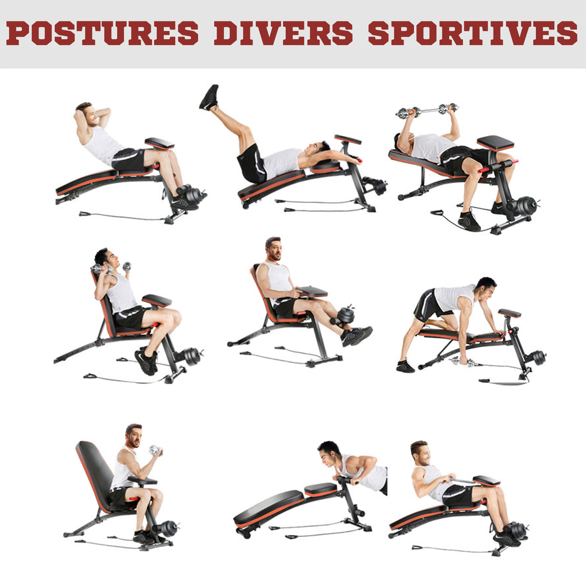 Banc de musculation pliable inclinable, banc réglable pour le développé couché, le curl biceps, la musculation du dos et des abdominaux, avec extenseur des jambes, acier, noir rouge-3