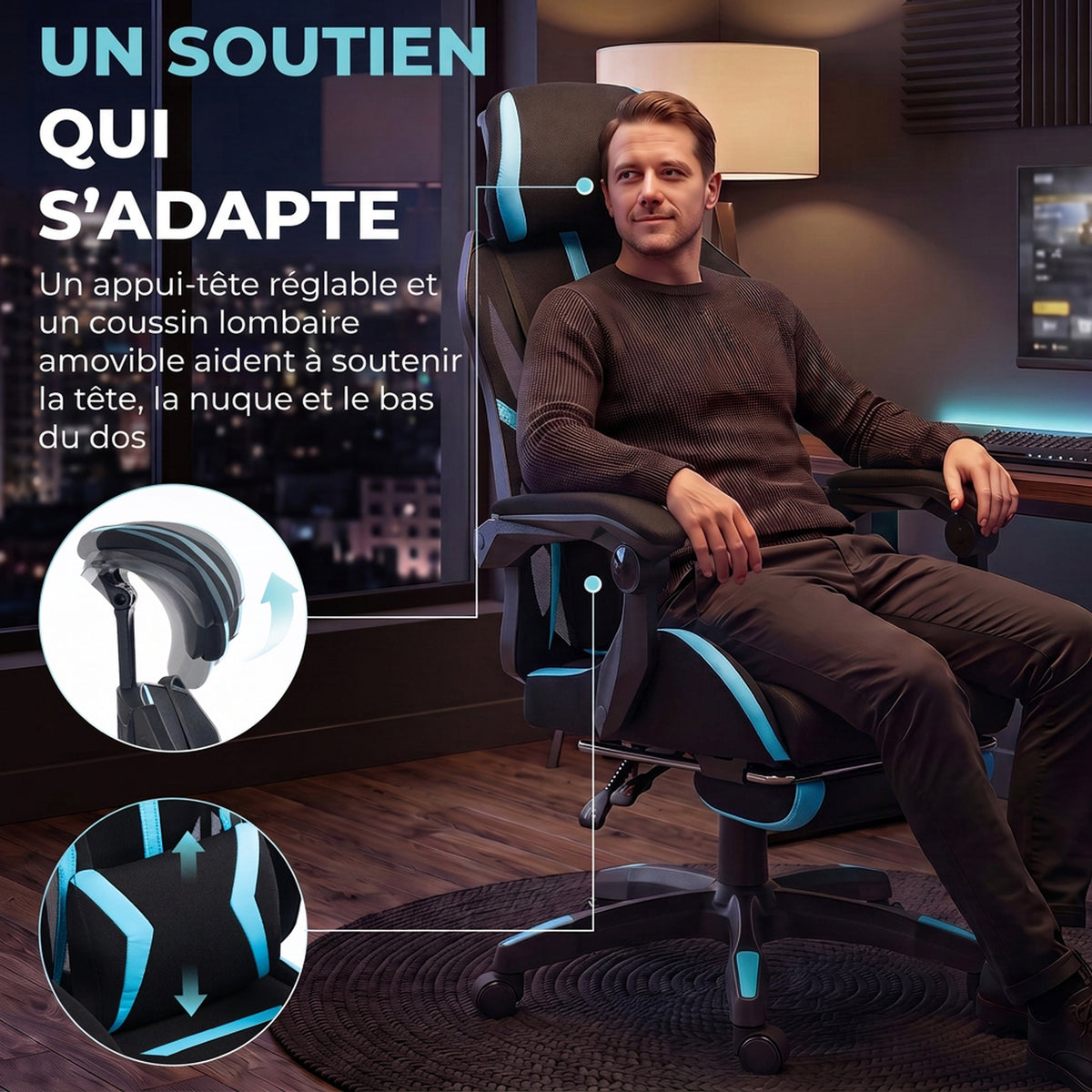 Chaise Gaming Ergonomique, Fauteuil Gaming Inclinable en Maille avec Appui-Tête Réglable, Soutien Lombaire, Noir et Bleu-3
