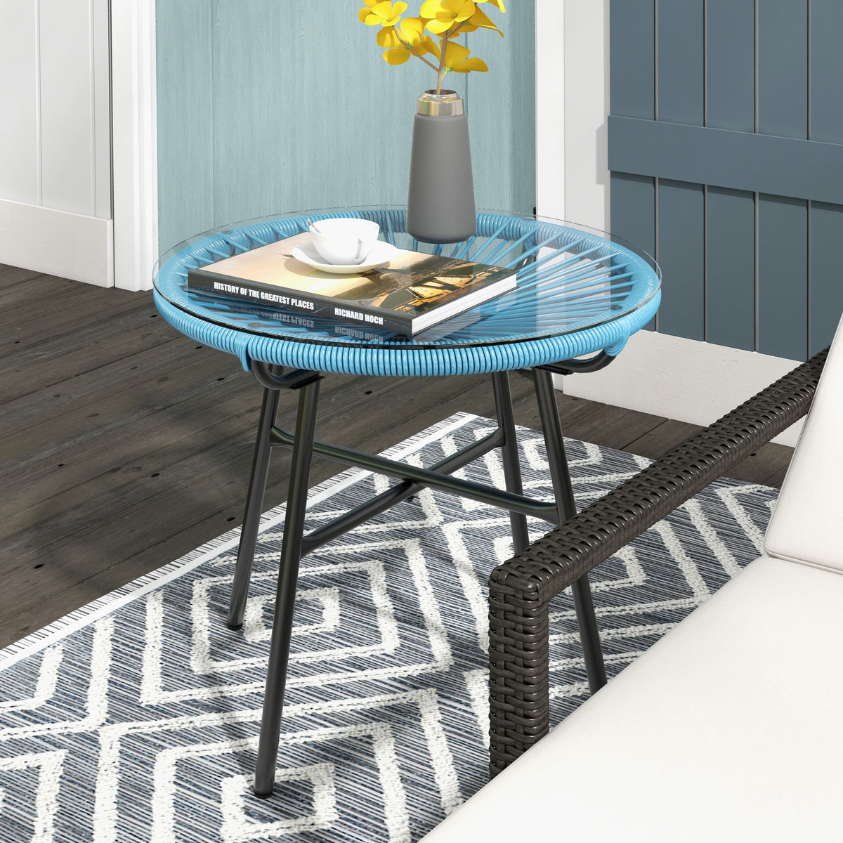 Table basse ronde de jardin en résine aspect rotin métal et plateau verre trempé Ø 50 x 50H cm-1