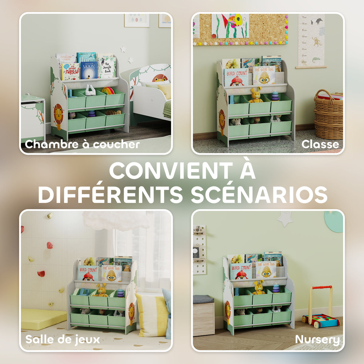 Meuble rangement enfant, rangement jouet enfant, 6 tiroirs en tissu et étagère à deux niveaux, 63x30x71cm, vert-6