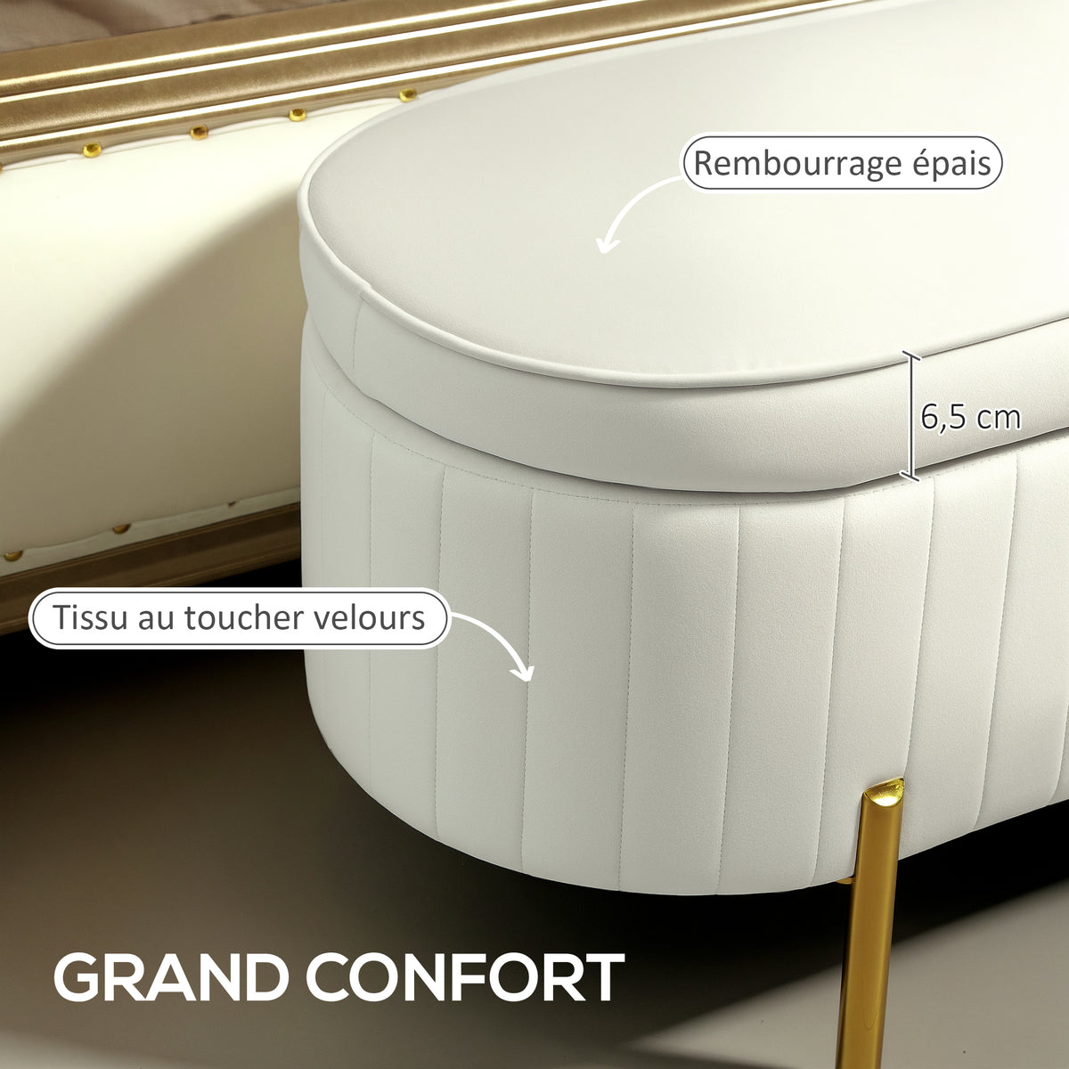 Banc de rangement, bout de lit en velours avec couvercle, pieds en métal, capacité 72 L, 107x42x45,5cm, crème-3