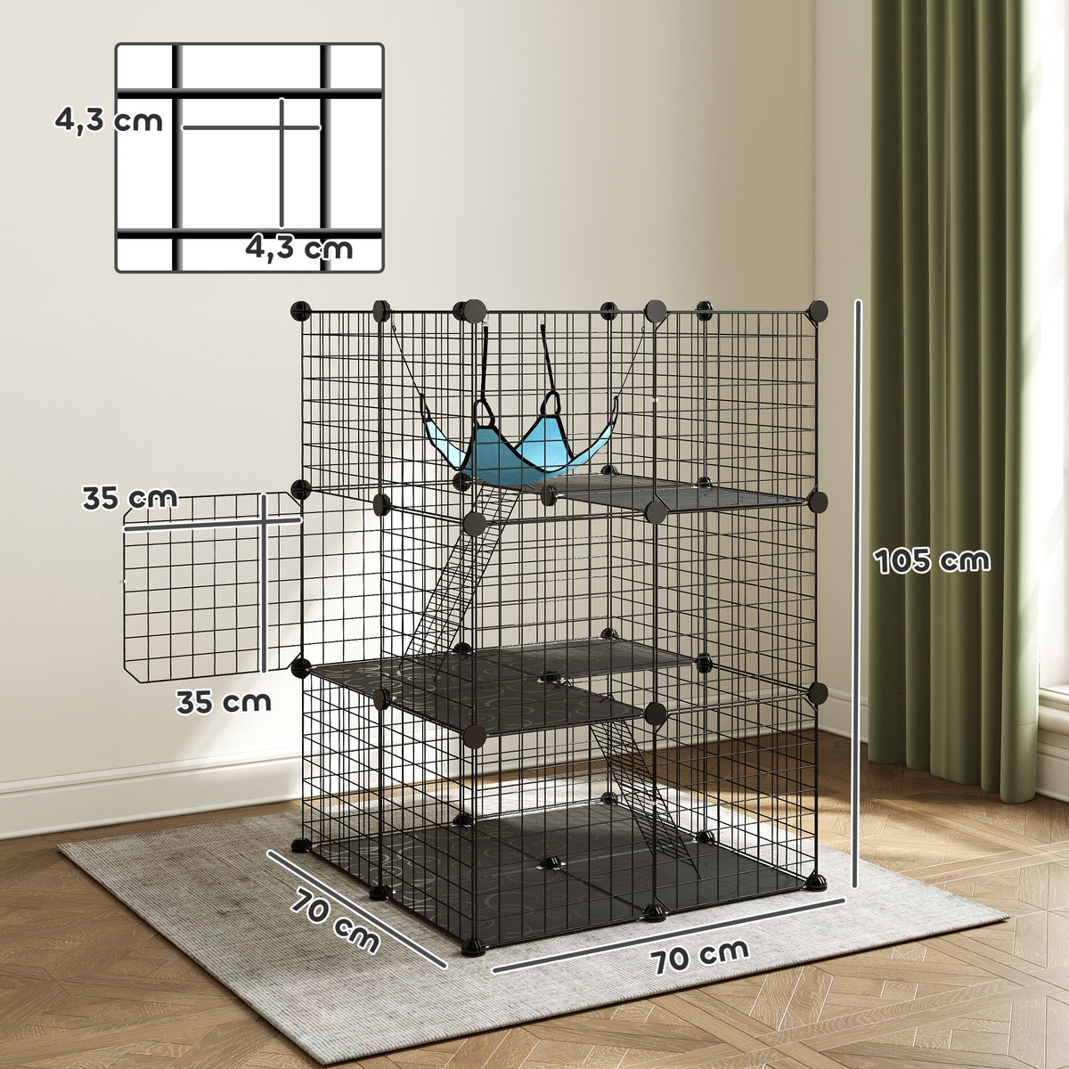 Cage Chat Intérieur Enclos Chat Modulable 3 Portes Hamac Échelle pour Petits Animaux de Compagnie 70x70x105cm Noir-2