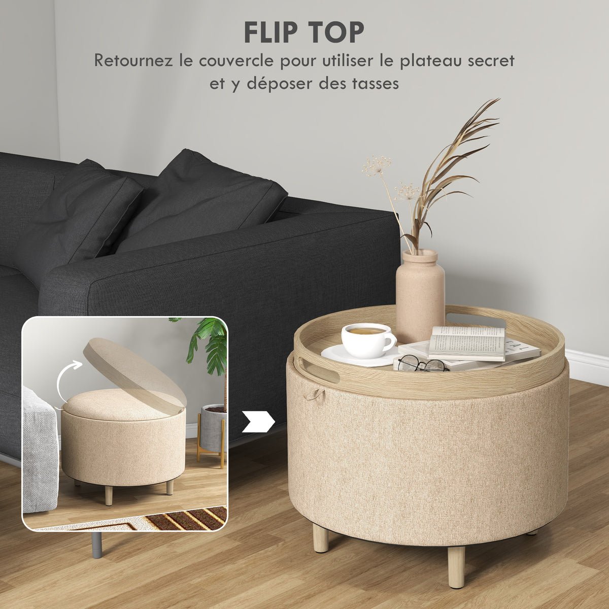 Pouf rond repose-pieds tabouret avec coffre de rangement, plateau réversible, meuble 3 en 1 pied en bois beige-3