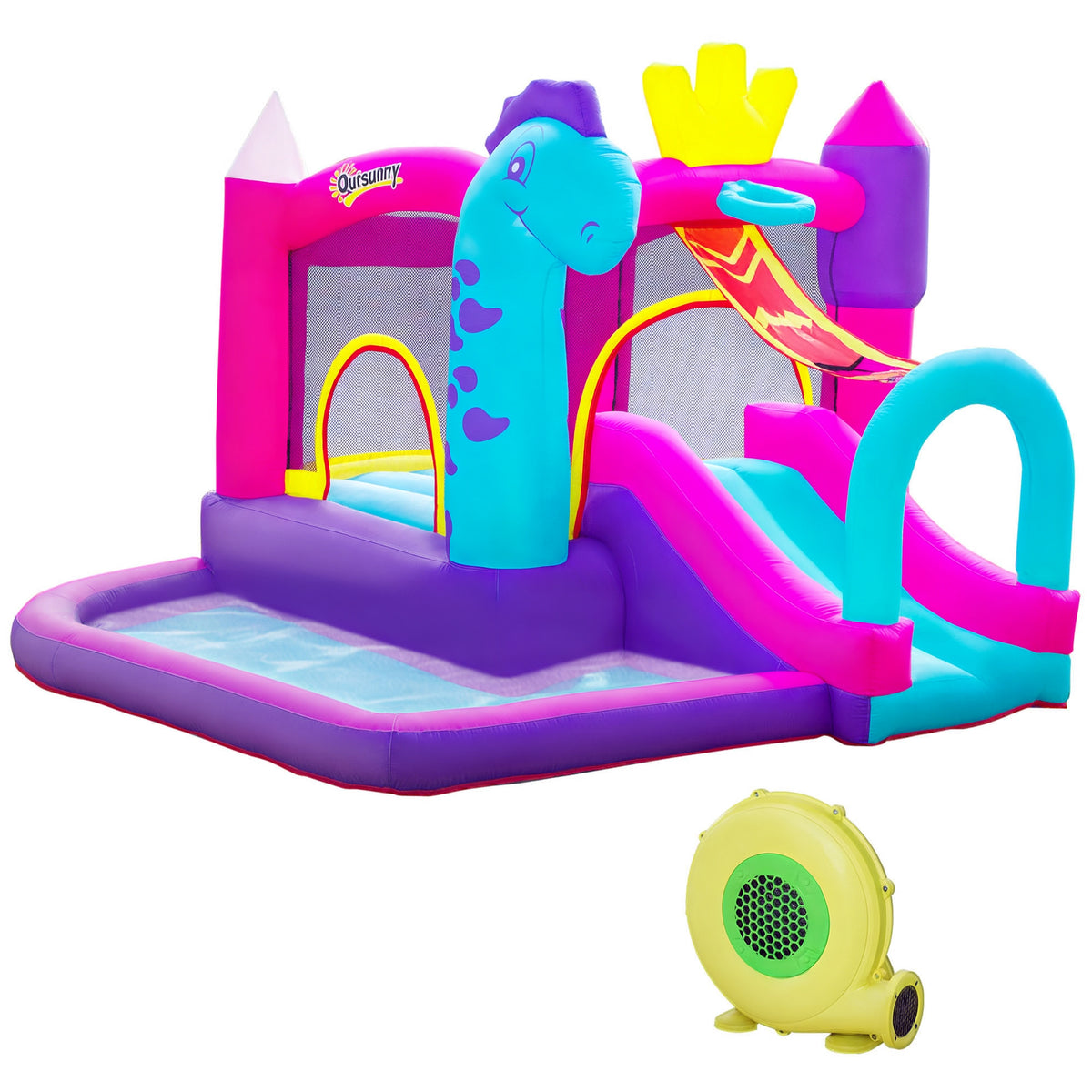 Château Gonflable avec Toboggan, Trampoline, Aire de Jeux Piscine et Panier Jusqu'à 3 Enfants +3 Ans gonfleur et Sac de Transport Souffleur 350W inclus dim. 300L x 270l x 200H cm Multicolore-0